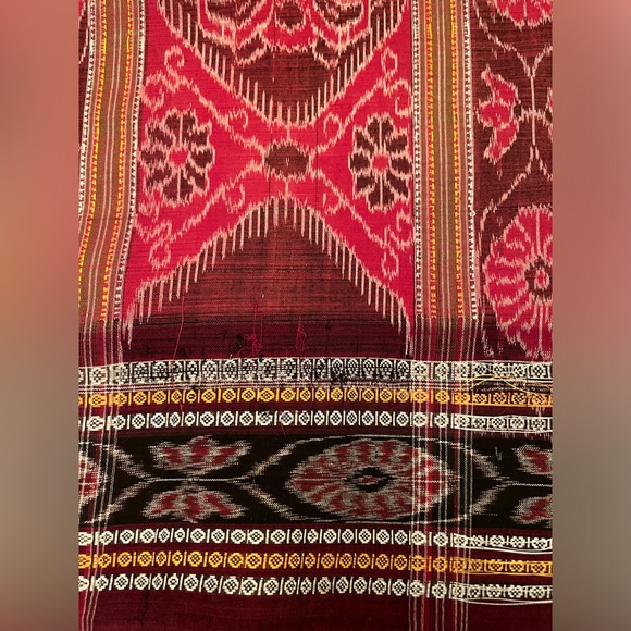 Fabindia style Ikat handwoven 100% cotton stunning saree salmon 🍣 & burgundy NEW - Picture 7 of 15